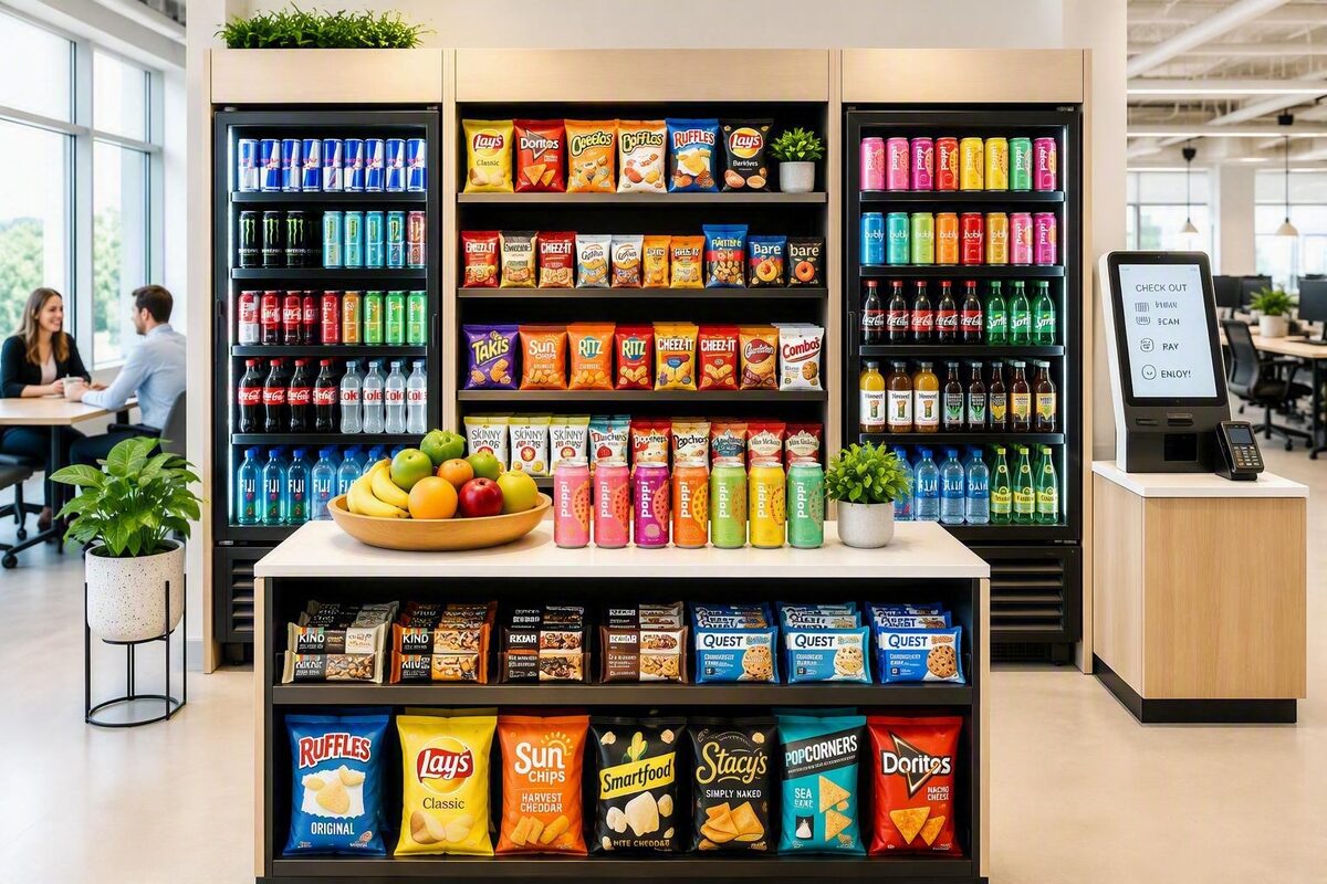 Office micro market with open coolers of drinks, shelves of snacks, a fresh fruit bowl and a self-checkout kiosk